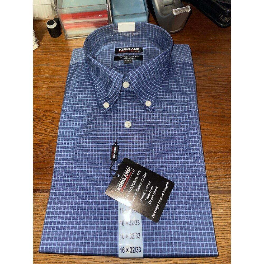 NWT Kirkland Men's Button Up Shirt Size 16 x 32/33 NWT - blue checkered